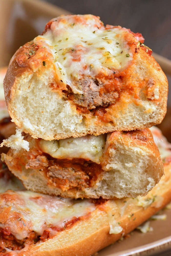 meatball sub cut in half and stacked on top of each other 