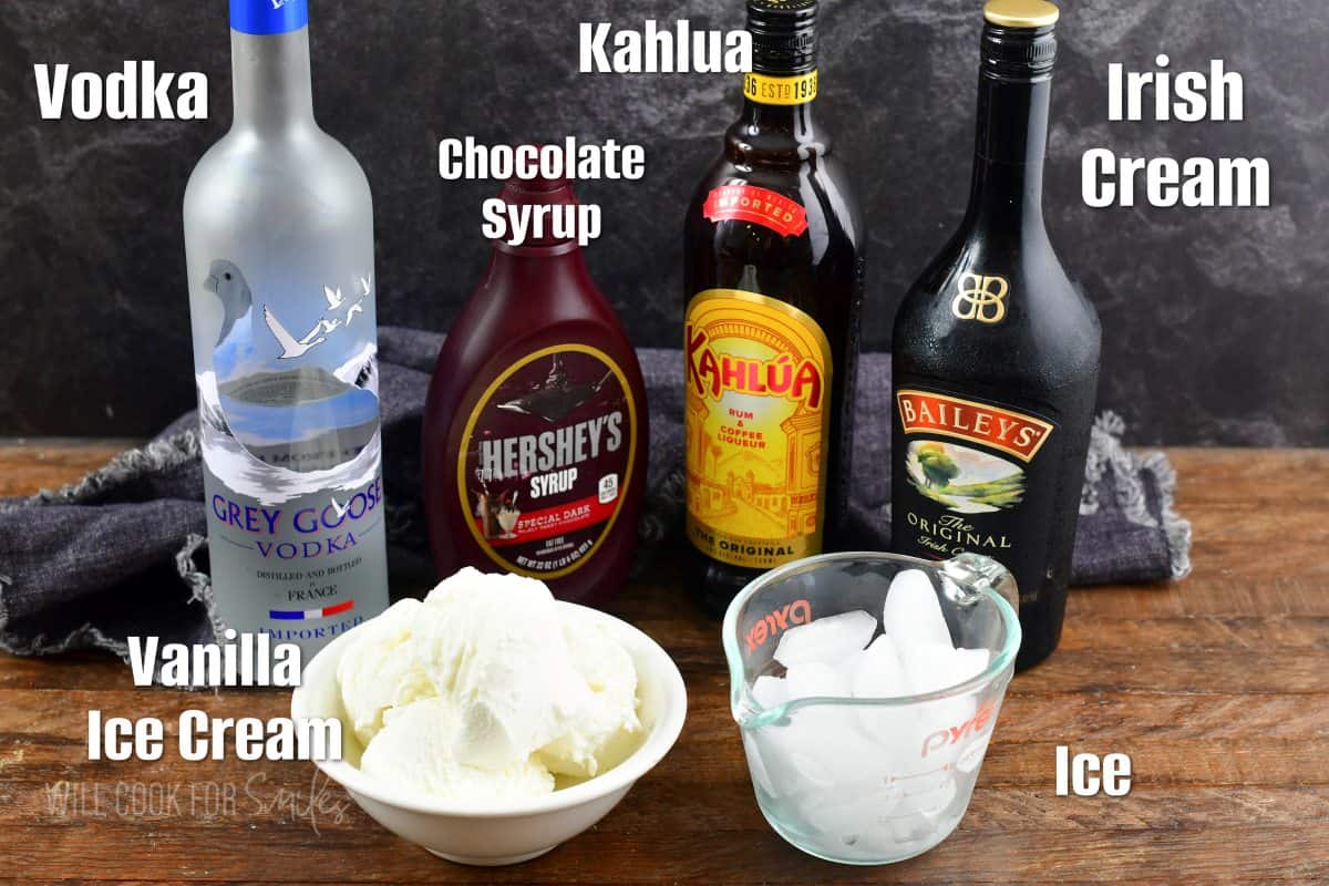 labeled ingredients to make a frozen mudslide.