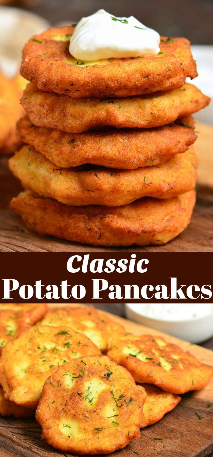 classic potato pancakes on cutting board collage 