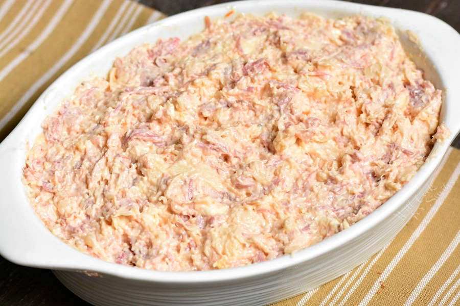mixture for a Reuben dip spread in the baking dish.