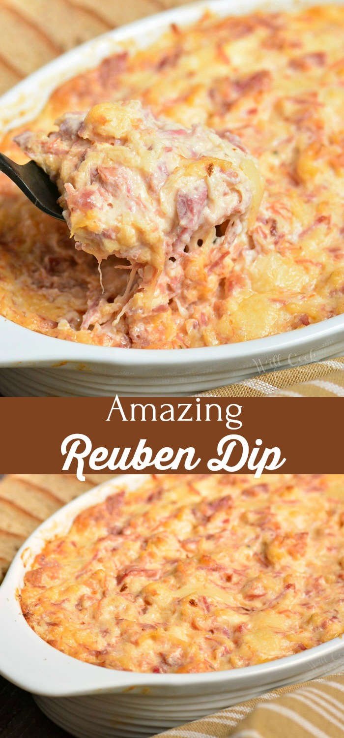 Reuben dip in casserole with yellow and white towel  scooping it out with a spoon collage 