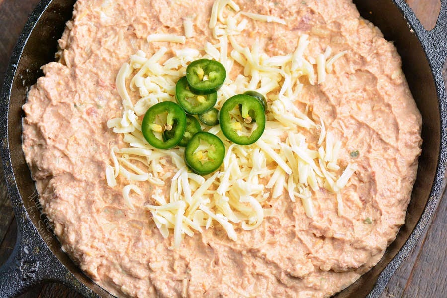 Uncooked bean dip in a cast iron skillet 