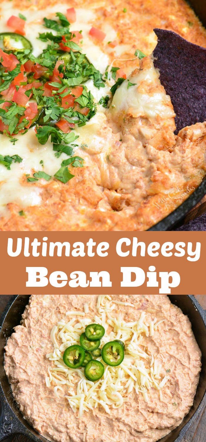 collage of two closeup images of refried bean dip and title.