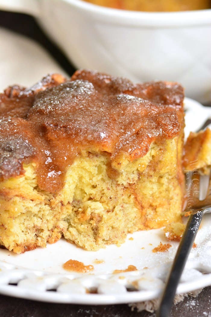 French Toast Casserole is so comforting and made with simple ingredients. Made with Brioche, sweet egg mixture, and topped with an easy sweet cinnamon butter syrup. 