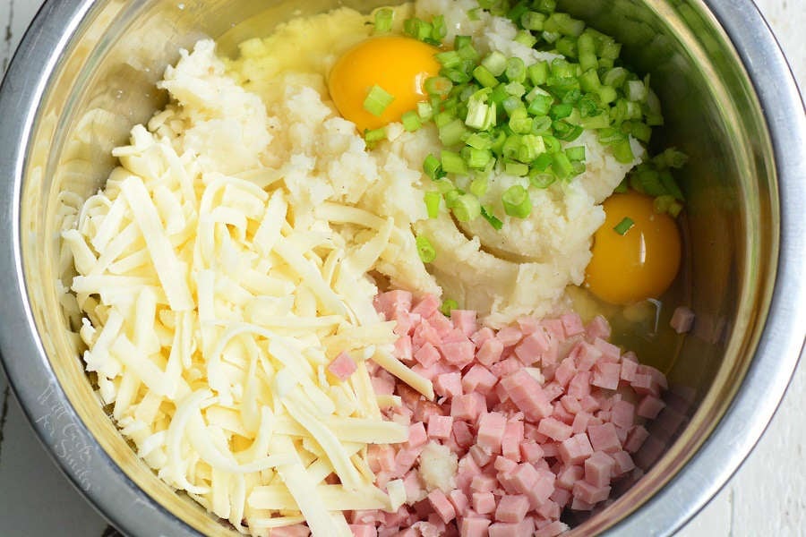 ingredients for potato cakes in the mixing bowl.