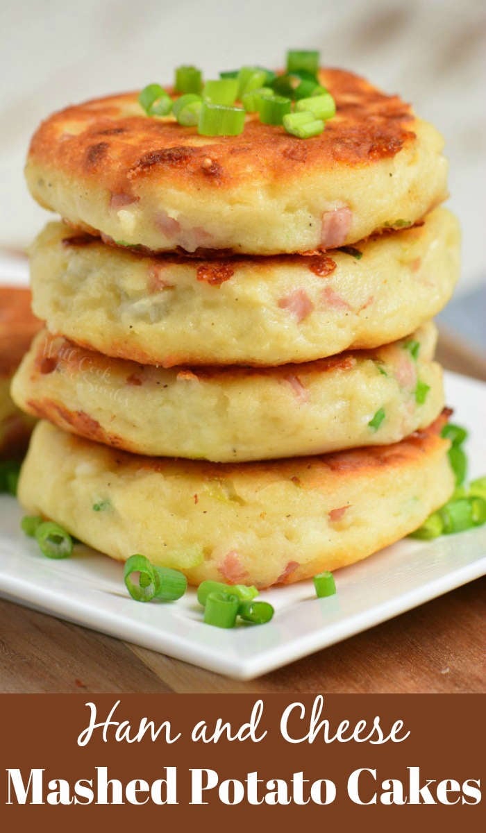 collage with closeup of stacked potato cakes and title below. 