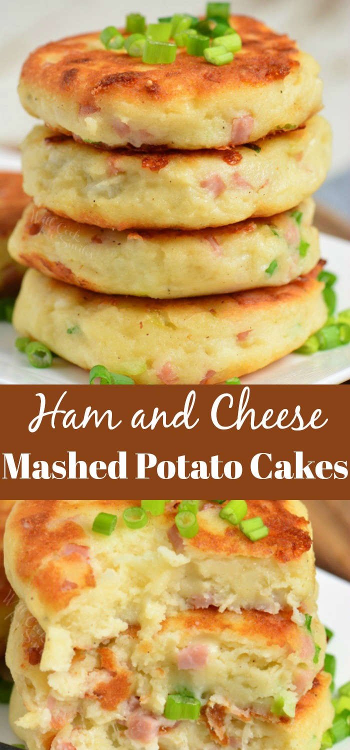 collage of two images of mashed potato cakes stacked and cut.