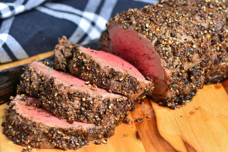Pepper Crusted Beef Tenderloin is easily made by roasting it in the oven and the tenderness can’t be beat. It is so tender, you can just cut it with a fork. 