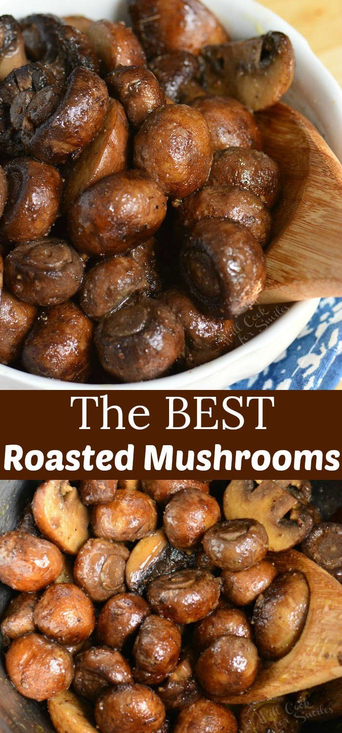 cooked mushrooms in a wooden spoon in a white bowl on a cutting board