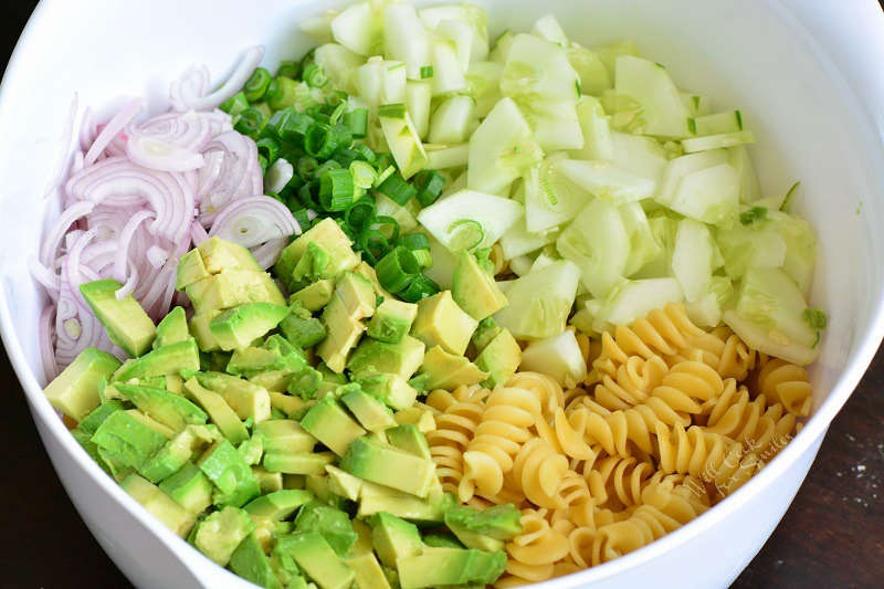 Ingredients in avocado pasta salad