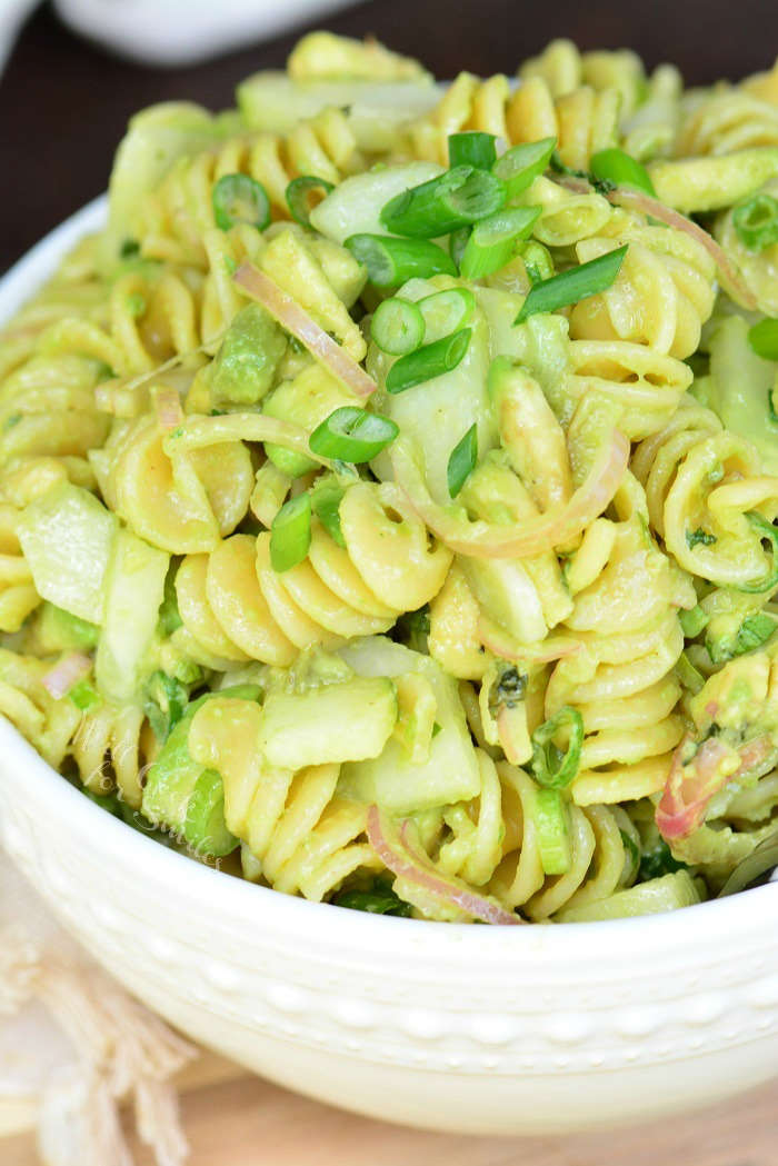 Avocado pasta salad in a bowl 