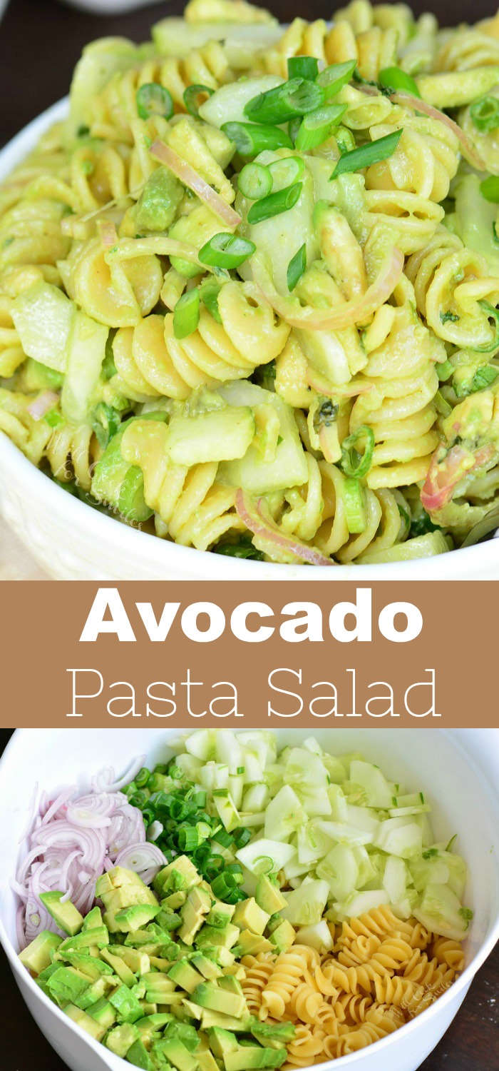 Avocado and Cucumber Pasta salad recipe collage 