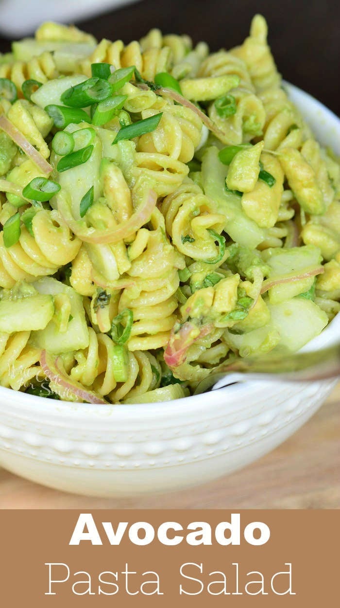 Pasta Salad with Avocado in a bowl 
