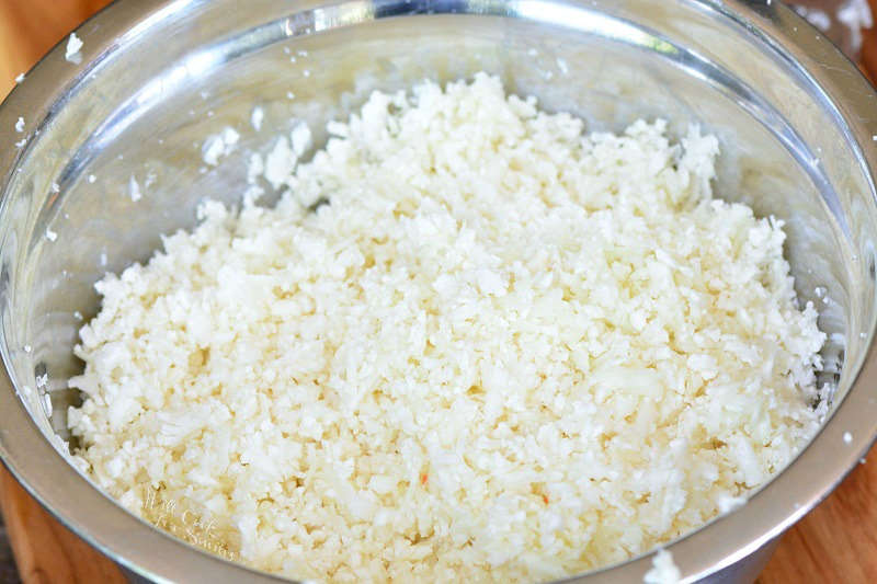 Riced Cauliflower in a metal bowl 