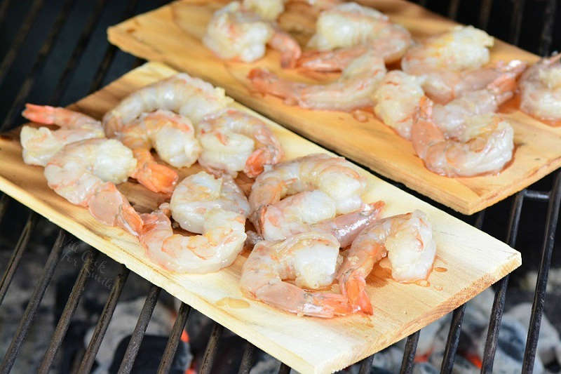 grilling shrimp on cedar planks