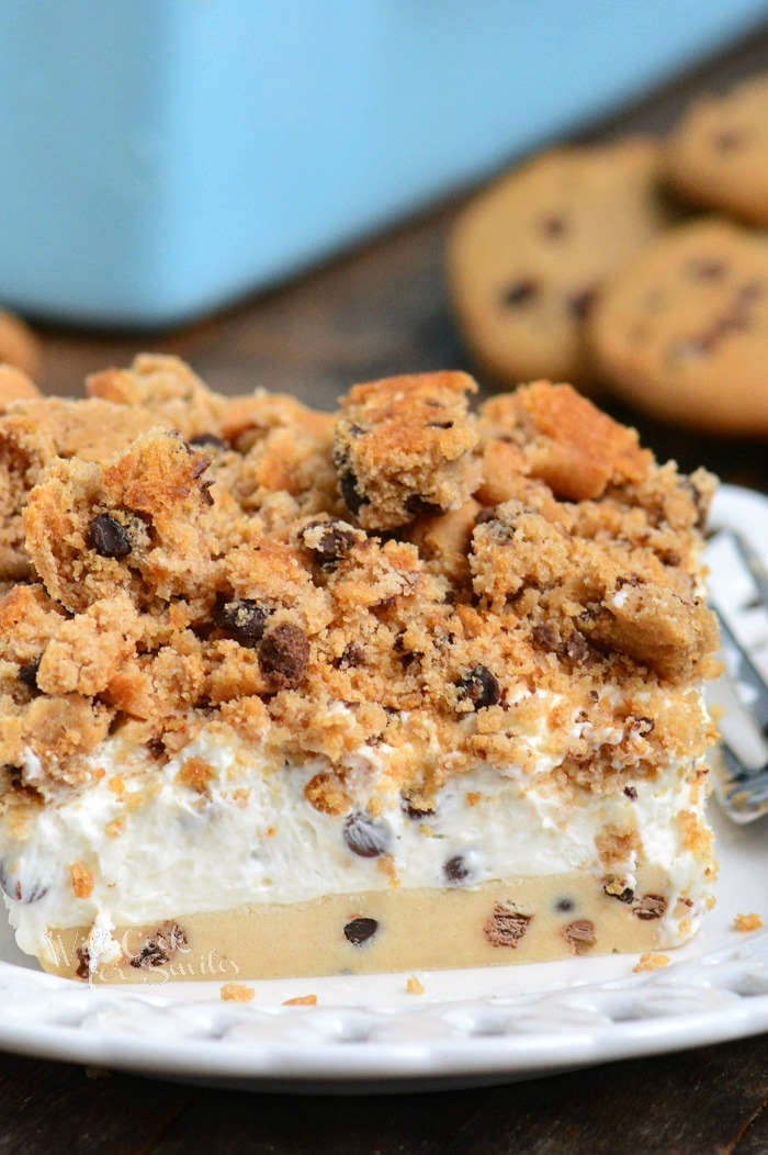 Cookie Dough No Bake Cheesecake slice on a plate 
