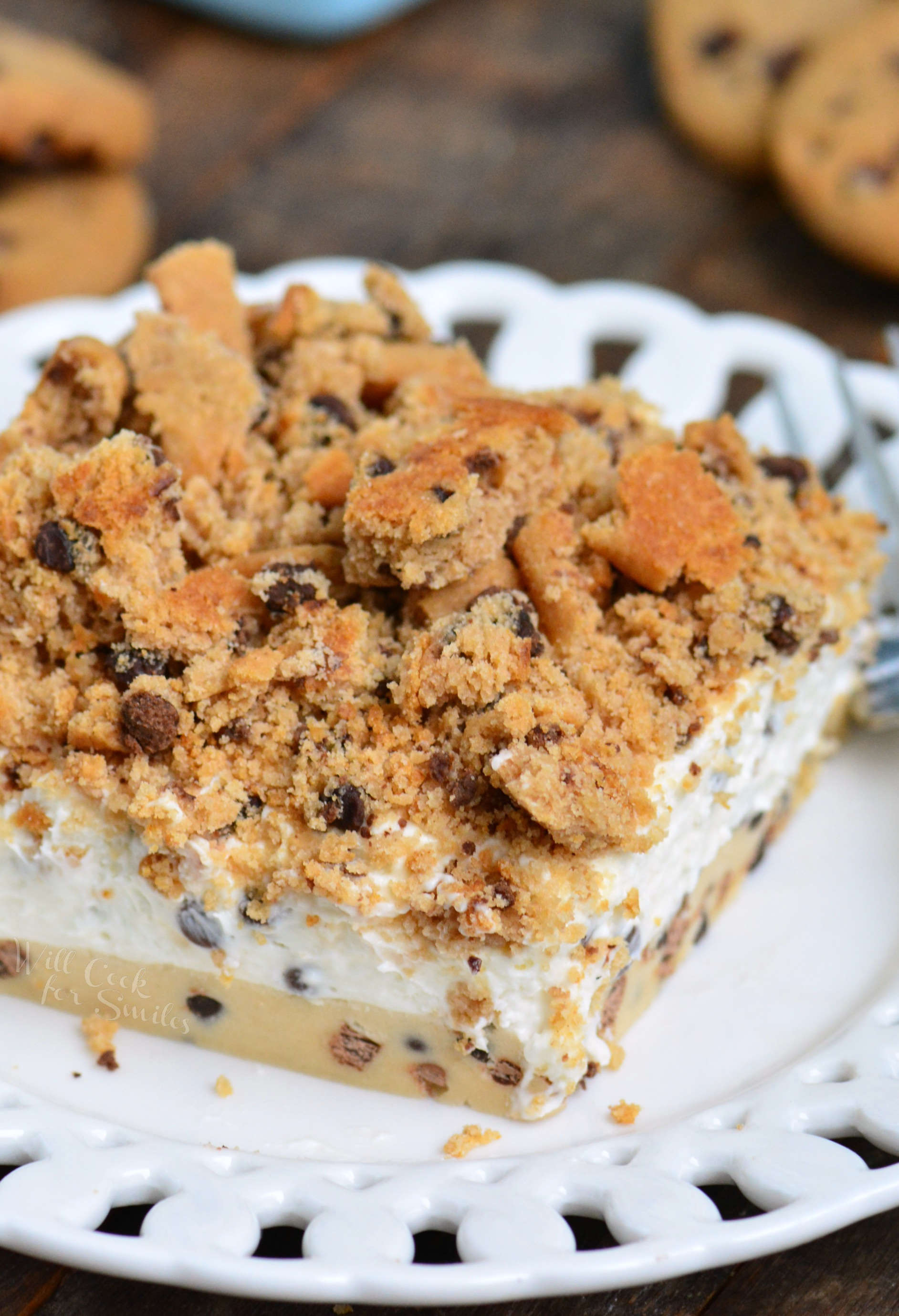 Cookie Dough No Bake Cheesecake on a plate