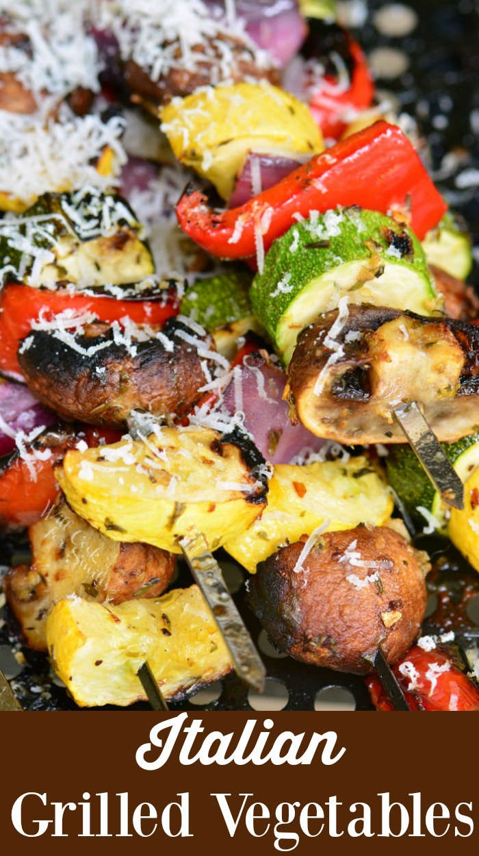 Grilled Vegetable kebabs topped with grated Parmesan