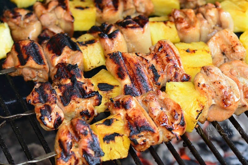 grilled chicken and pineapple kebabs on the grill 