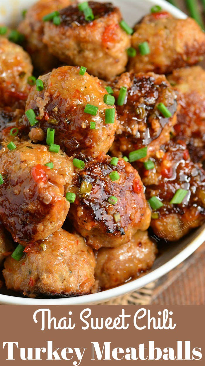 Sweet Chili Turkey Meatballs in a bowl in a wood cutting board 