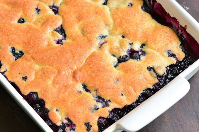 baked blueberry cobbler in a baking dish 