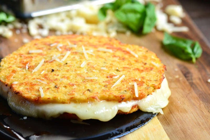 Cauliflower grilled cheese on a wood cutting board 