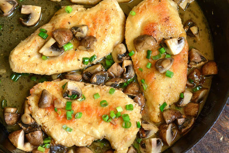 chicken marsala recipe in a cast iron skillet 