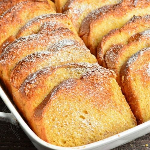 french toast bake in a casserole dish 