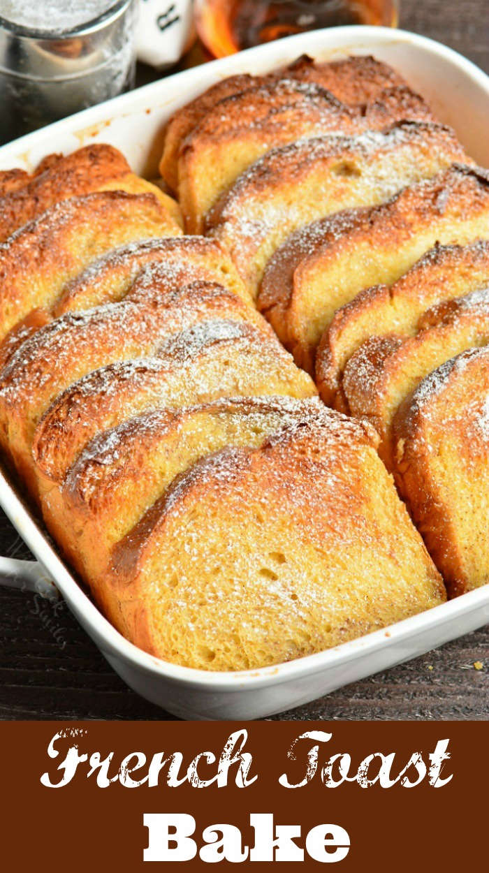 french toast bake in a casserole dish on a wood table 