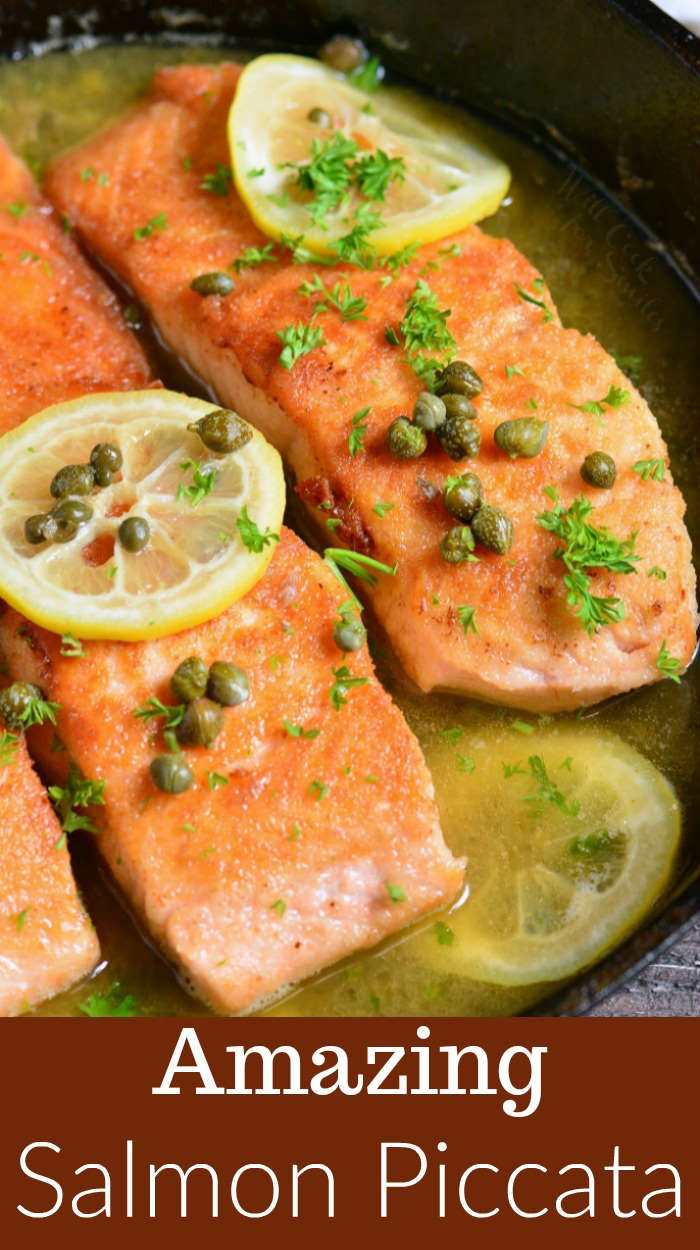 Salmon Piccata in a cast iron pan 