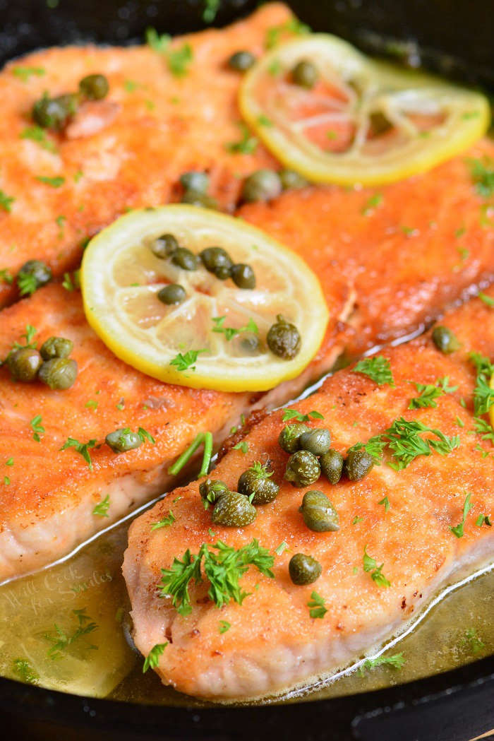 Salmon piccata in a cast iron skillet 