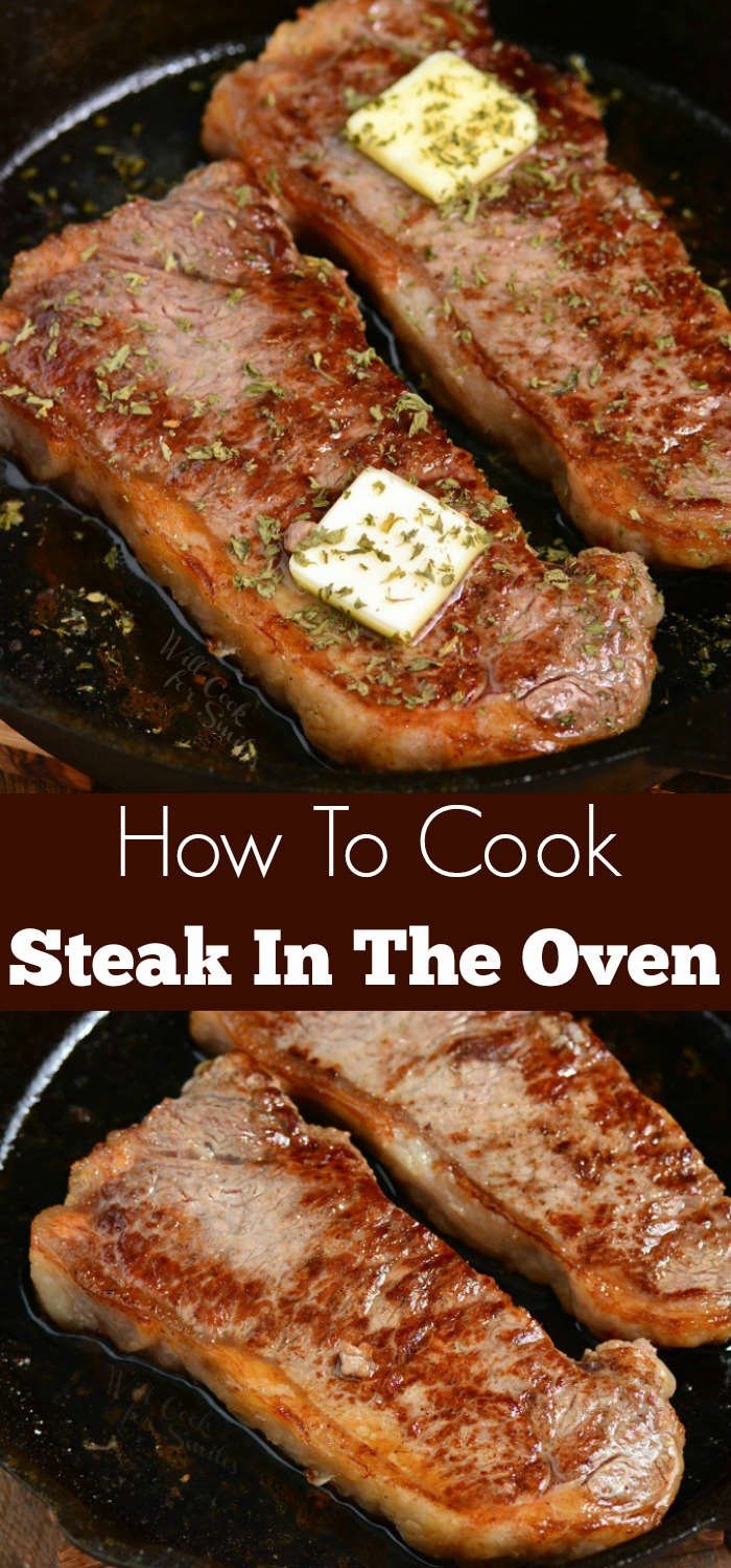 Steaks on the skillet in a long collage photo with name of the recipe in the middle