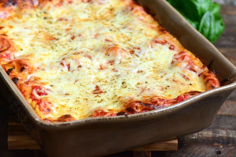 Vegetable lasagna cooked in a casserole dish 