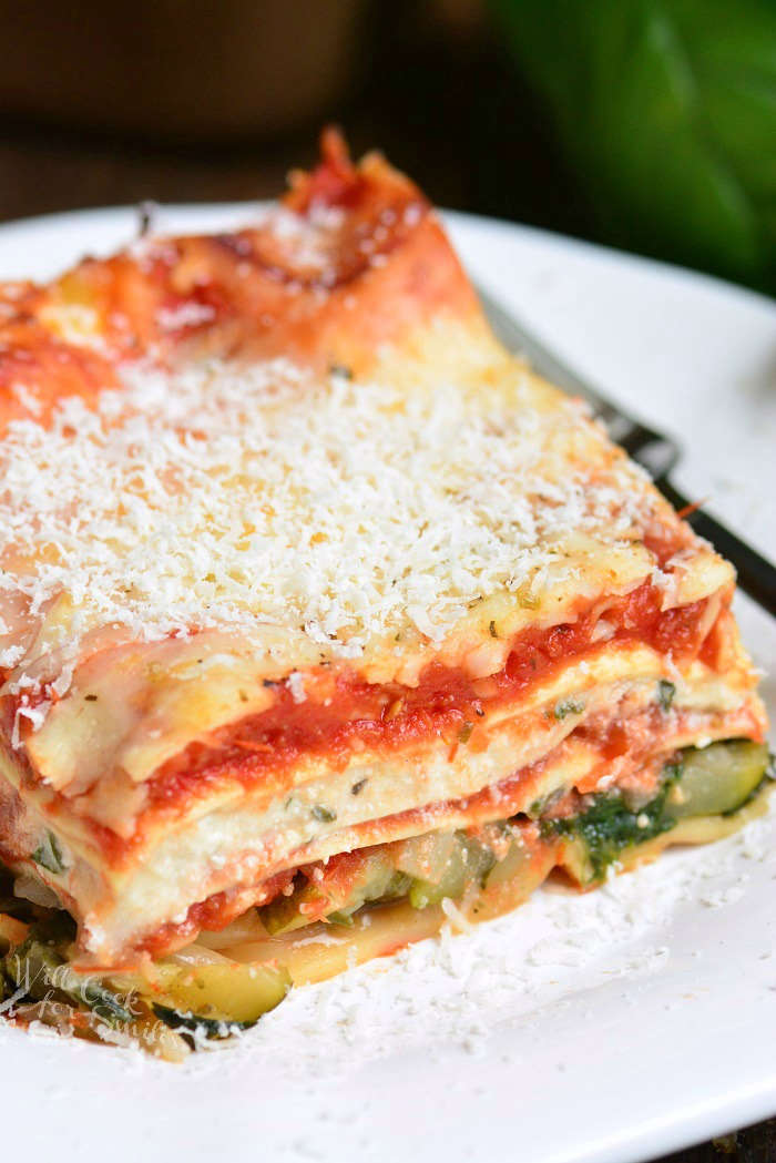 Vegetable Lasagna recipe on a plate with a fork 