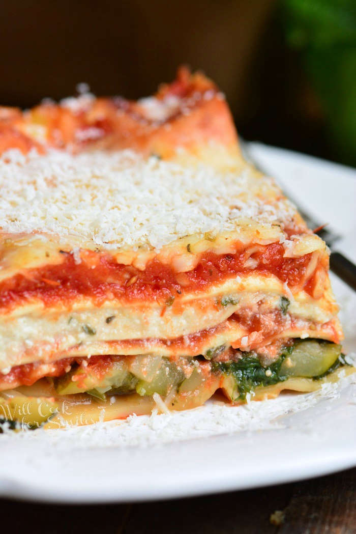 piece of Vegetable Lasagna Recipe on a white plate 