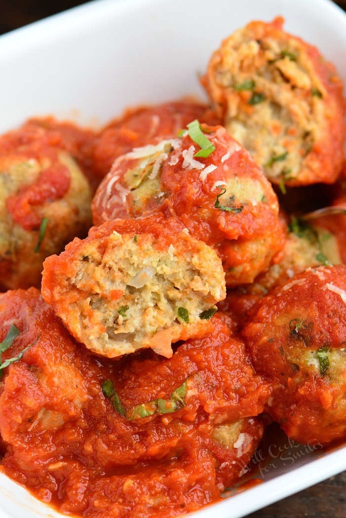 Baked chicken meatballs in a baking dish 