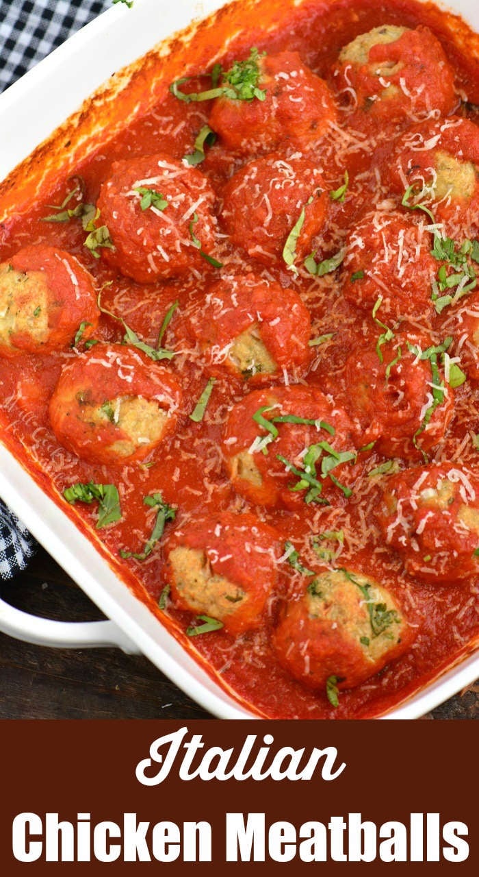 Italian chicken meatballs with marinara in a baking dish