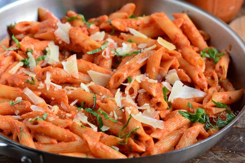 vodka sauce with penne pasta in a pan 