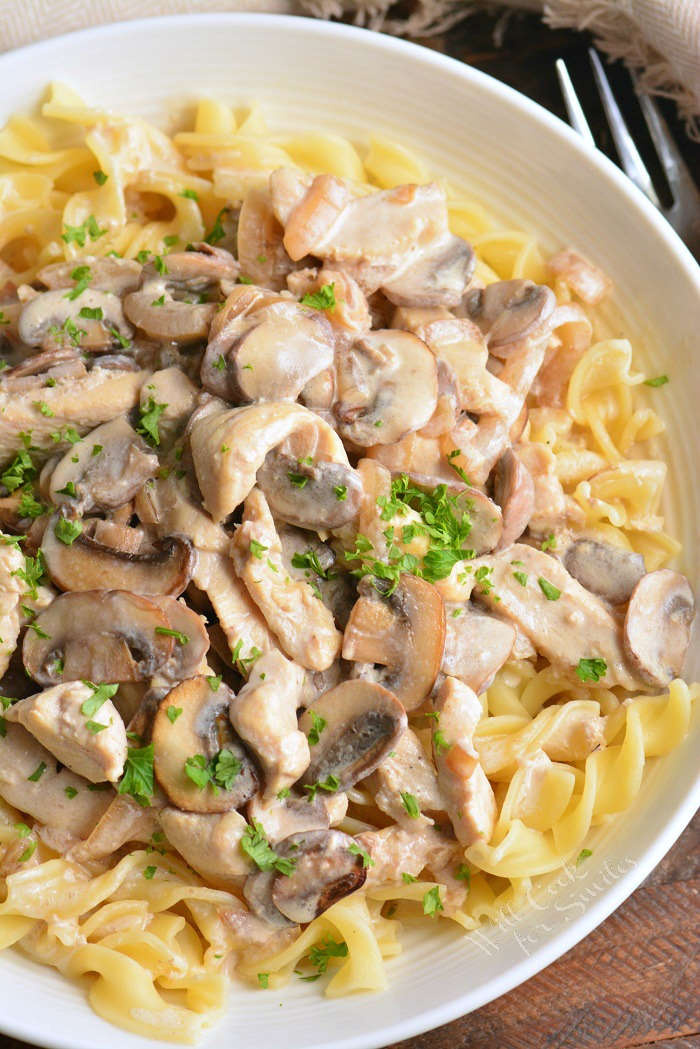 chicken stroganoff over egg noodles