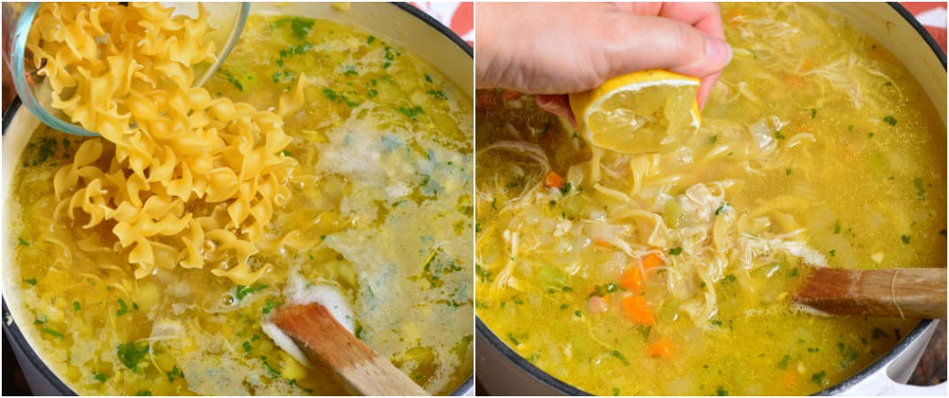 putting the pasta into the pot and stirring with a wooden spoon 