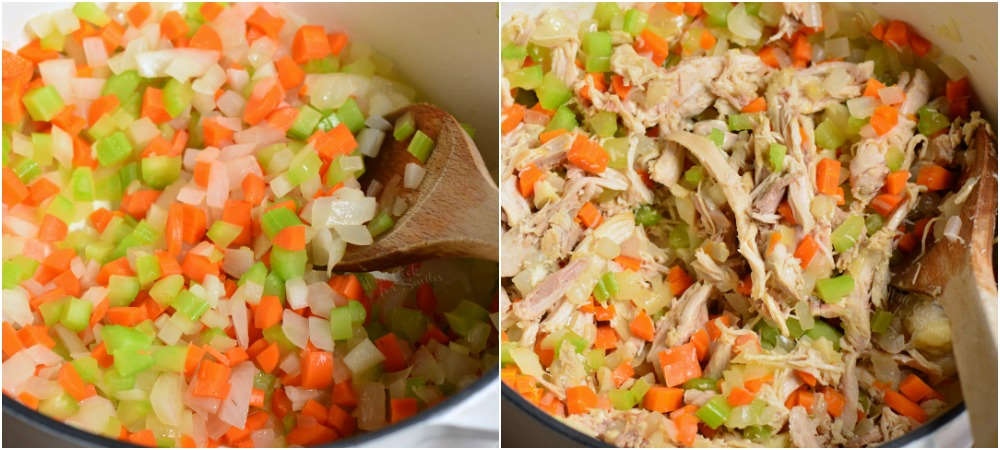 how to make chicken noodle soup collage first is vegetables in a pot being stirred with a wooden spoon, second is chicken being stirred into pot of vegetables with a wooden spoon