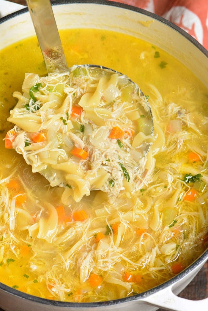 chicken noodle soup in a pot with a ladle full of soup 