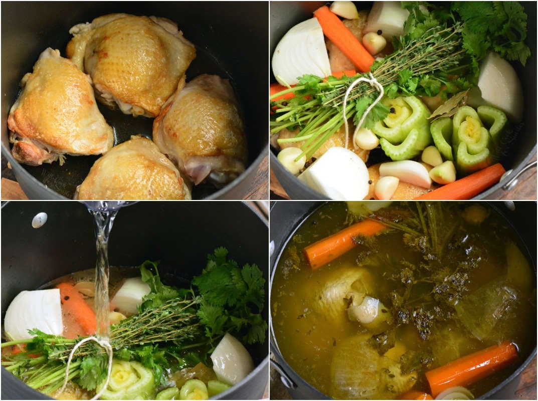 how to make chicken stock collage. first cook chicken in a bot then add veggies, next pour in stock, last cook it all together 