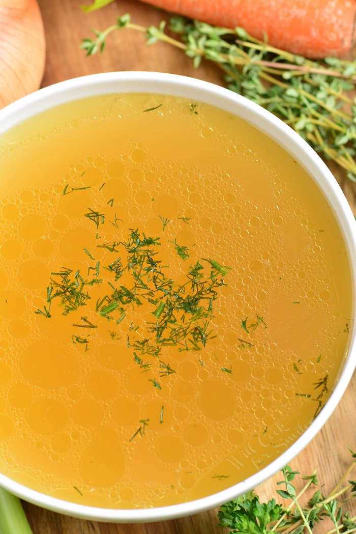 homemade stock in a bowl 