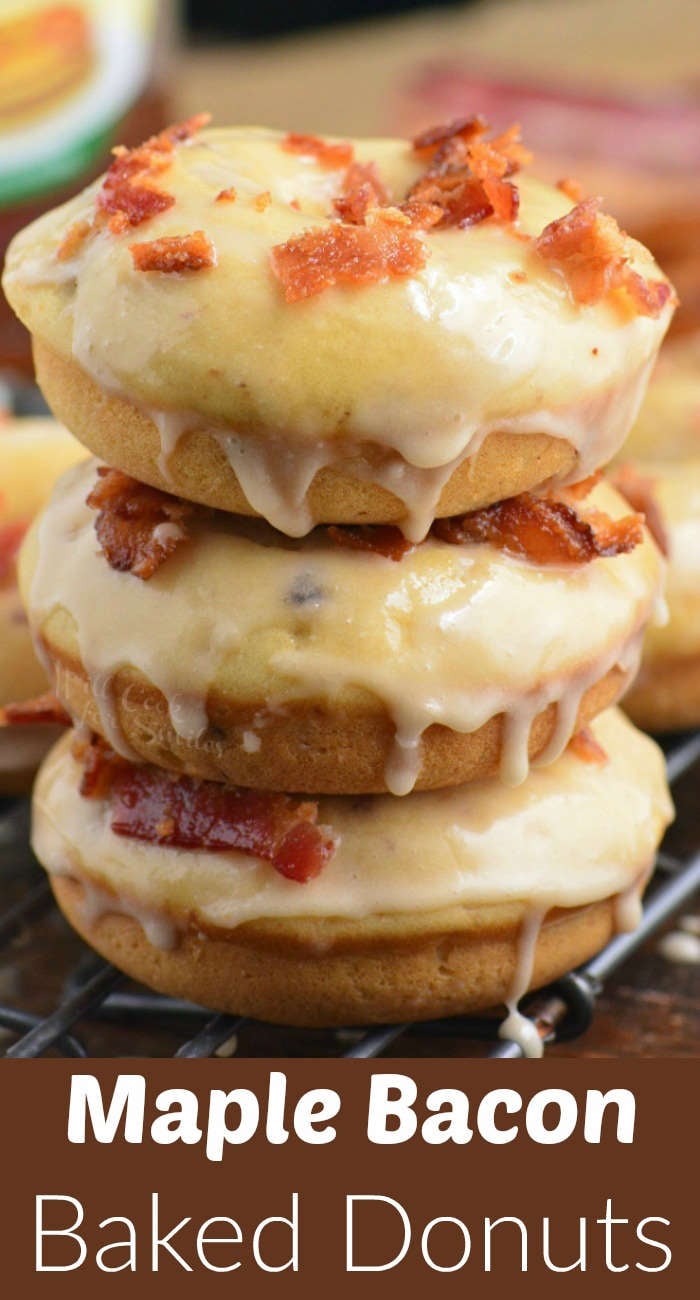 Maple Bacon Baked Donuts stacked on top of each other 