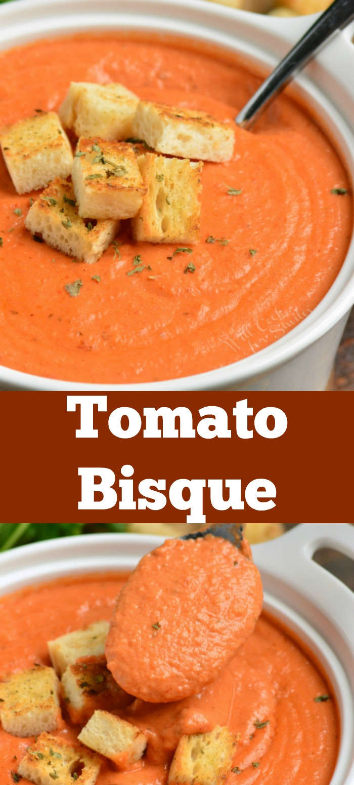 collage of two images of tomato bisque in a bowl and spooning out some soup on the bottom