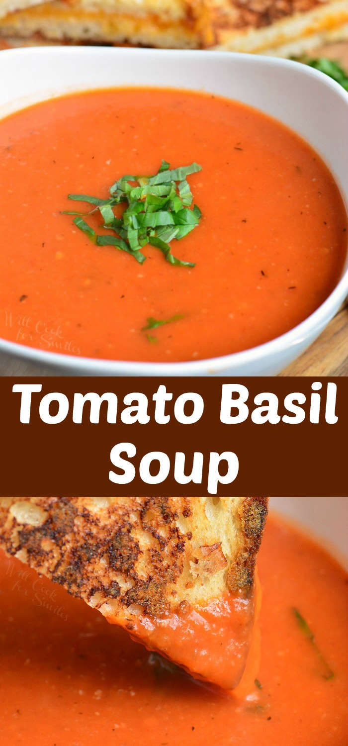 collage of two images of tomato basil soup in a bowl on top and dipping grilled cheese in the soup on the bottom