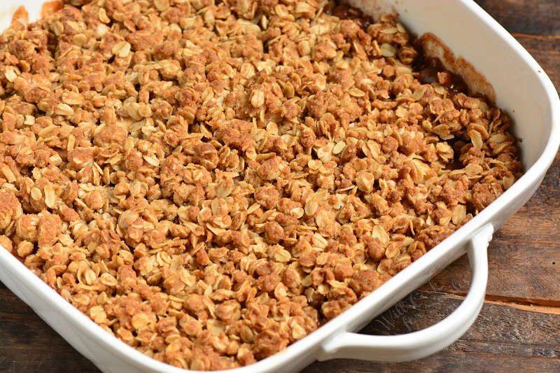 baked apple crisp in a baking dish 
