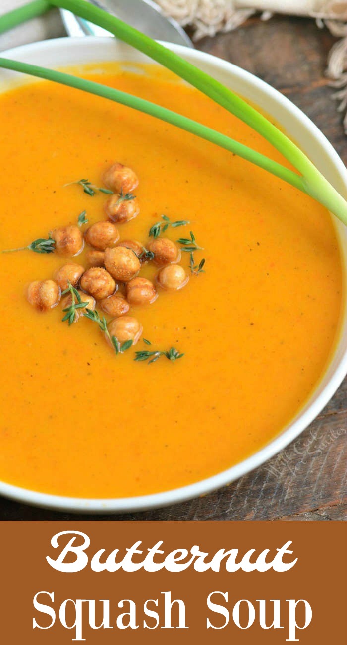 butternut squash soup in a bowl with chickpeas on top 