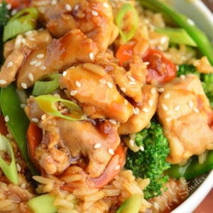 a big bowl full of chicken teriyaki rice and vegetables.